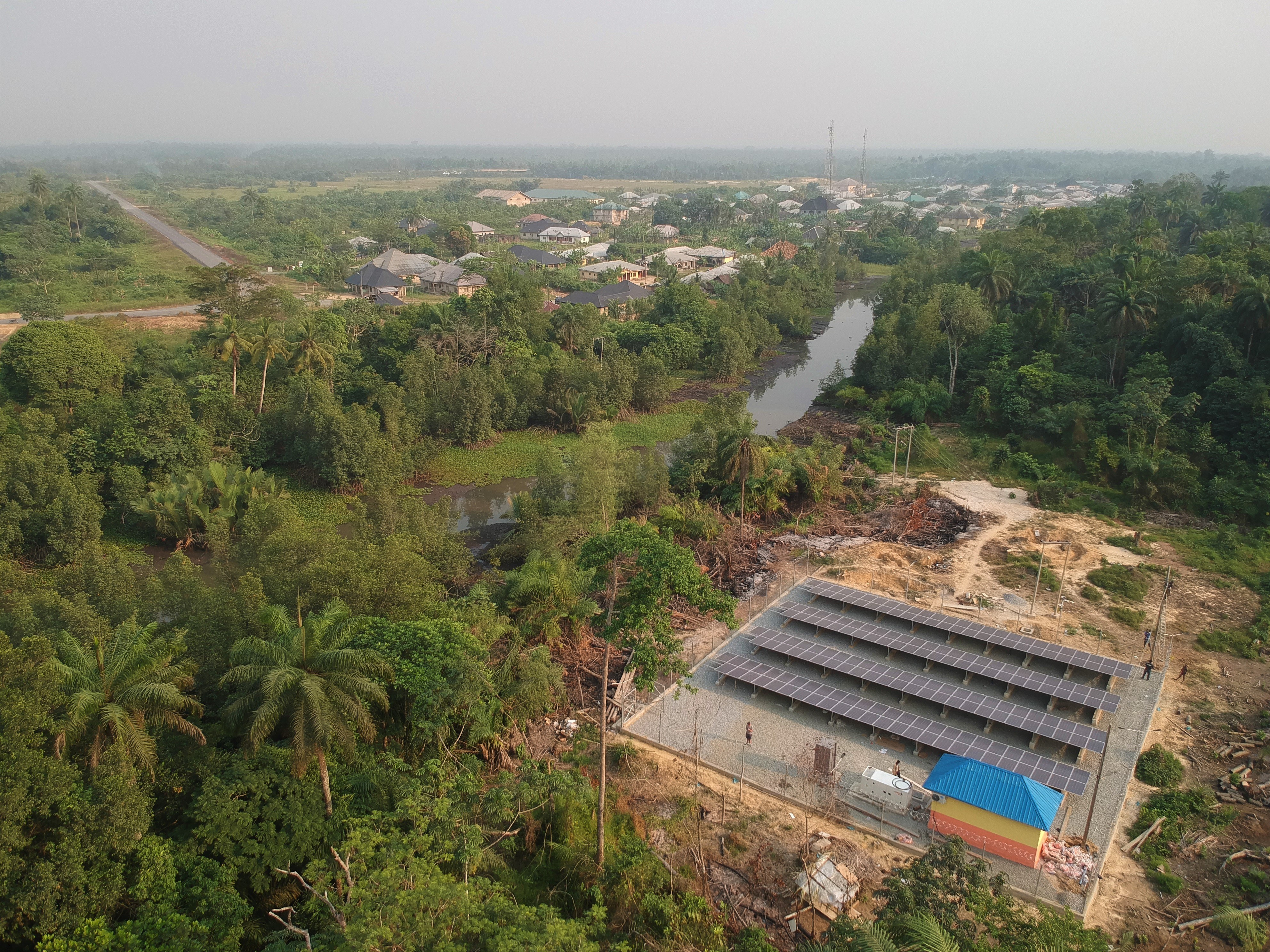 Aerial photograph of a solar mini-grid in Bayelsa, Nigeria; editorial photograph